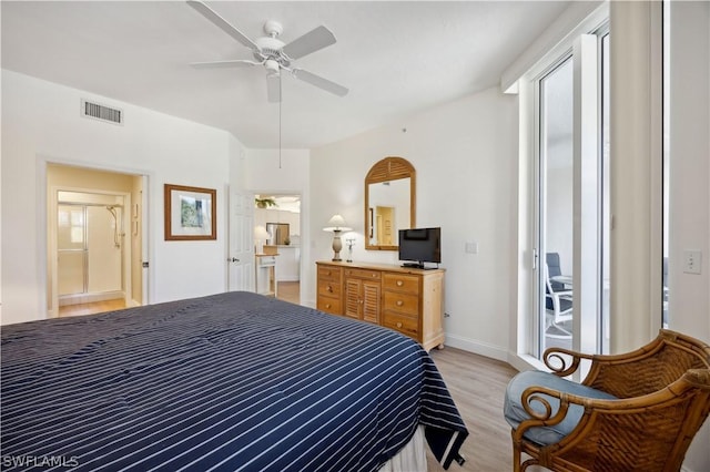 bedroom featuring ceiling fan and light wood-type flooring