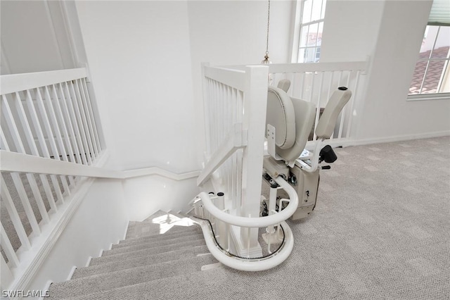 staircase with carpet floors and a wealth of natural light