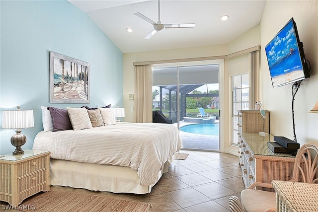 tiled bedroom featuring lofted ceiling, access to exterior, and ceiling fan