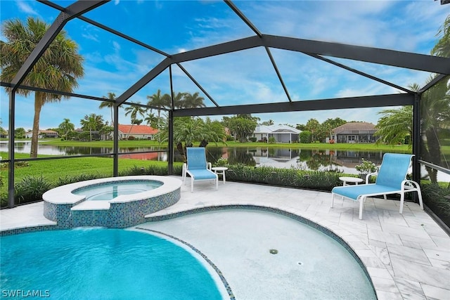 view of pool featuring a patio, a lanai, a water view, and an in ground hot tub