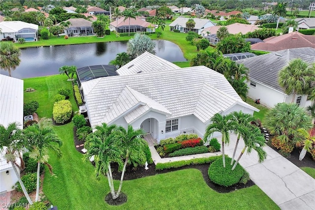 bird's eye view with a water view