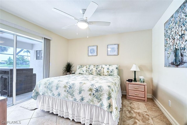 bedroom featuring light tile patterned floors, access to outside, and ceiling fan