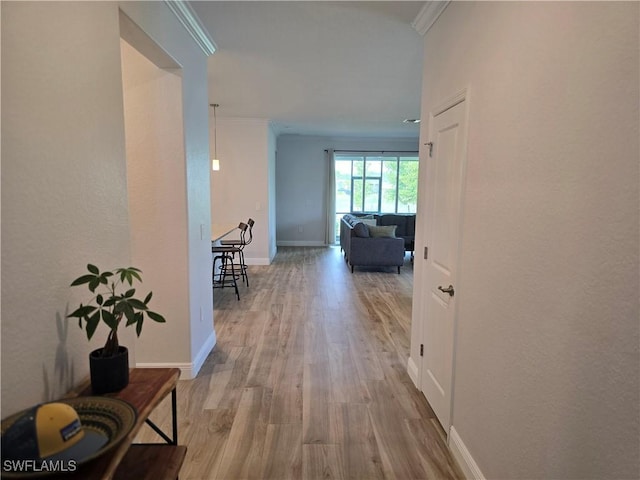 hall featuring light wood-type flooring and crown molding