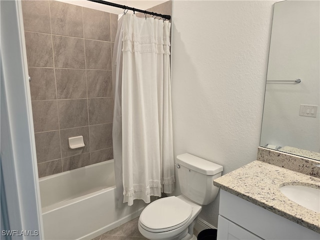 full bathroom featuring tile patterned floors, toilet, shower / tub combo with curtain, and vanity