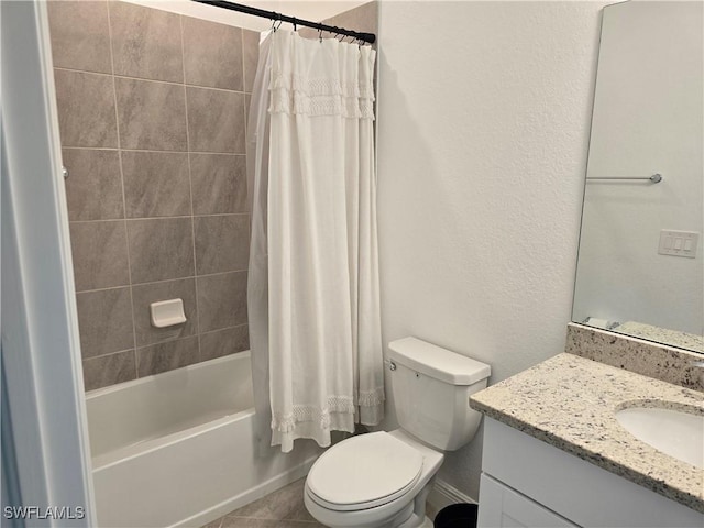 full bathroom featuring toilet, vanity, and shower / bathtub combination with curtain