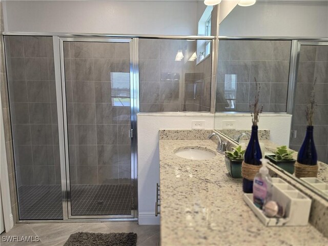 bathroom featuring vanity and a shower with door