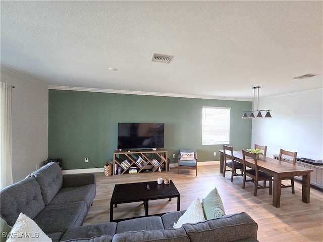 living room with a textured ceiling, light hardwood / wood-style flooring, and crown molding