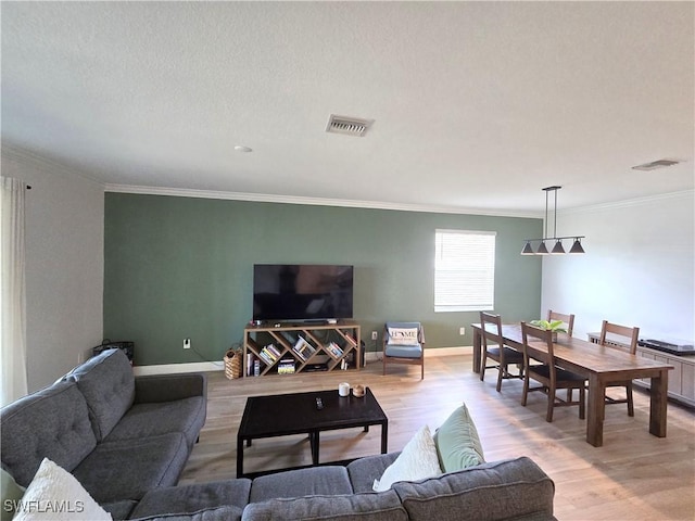 living room featuring ornamental molding, light hardwood / wood-style flooring, and a textured ceiling