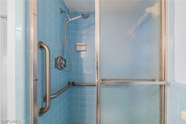 bathroom with a shower with shower door