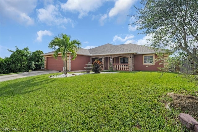 ranch-style house with a garage and a front lawn