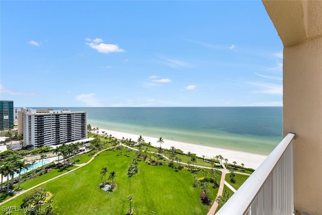 property view of water featuring a beach view