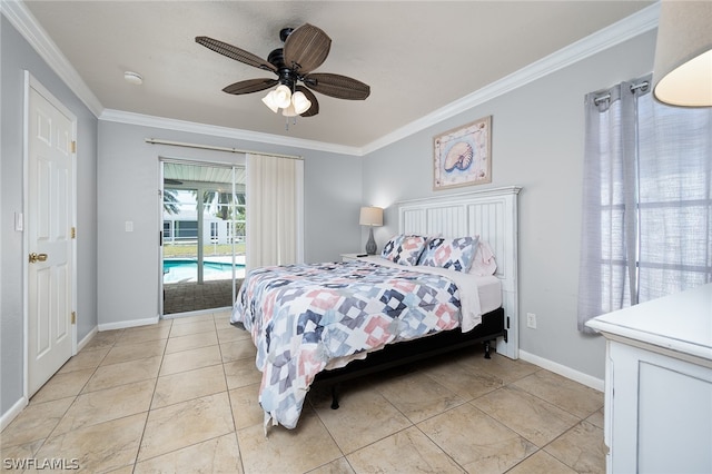 bedroom featuring access to exterior, ceiling fan, ornamental molding, and light tile patterned flooring