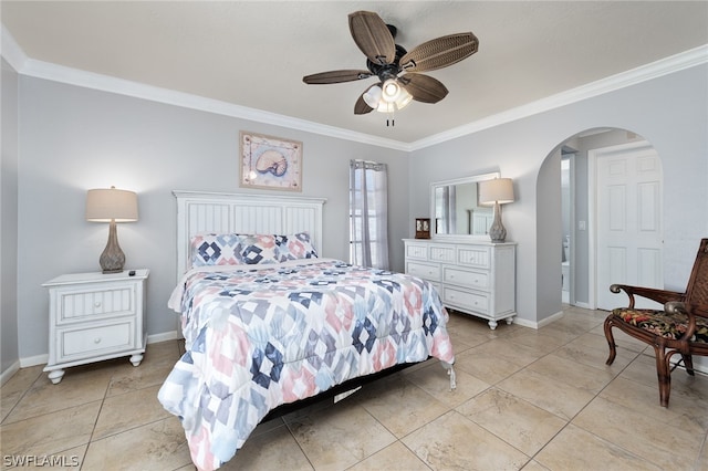 tiled bedroom featuring ceiling fan and ornamental molding