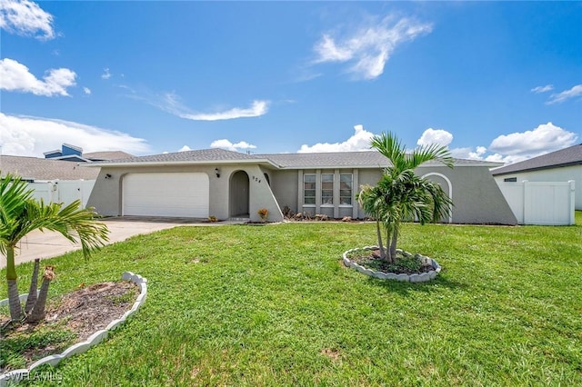 ranch-style house featuring a front yard and a garage