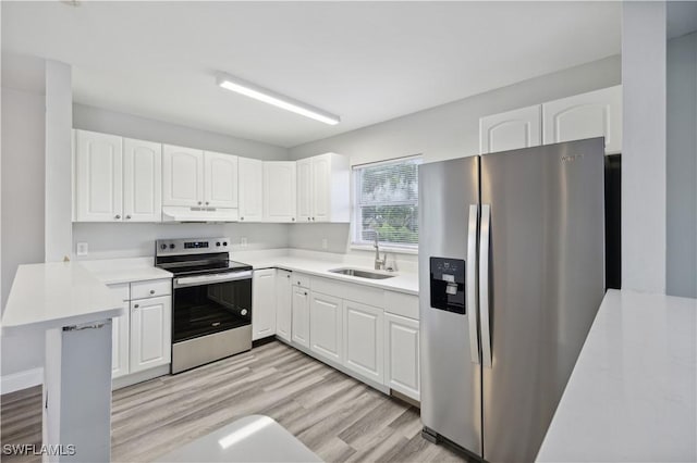 kitchen featuring white cabinetry, sink, appliances with stainless steel finishes, and light hardwood / wood-style flooring