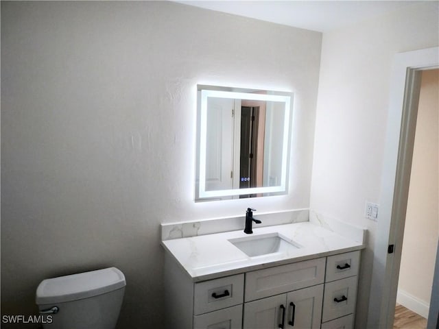 bathroom with wood-type flooring, vanity, and toilet