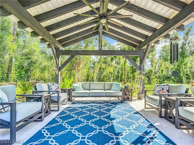 15711 Anderson Ln, Fort Myers, FL 33912 - view of patio with an outdoor living space, a gazebo, ceiling fan, and view of wooded area