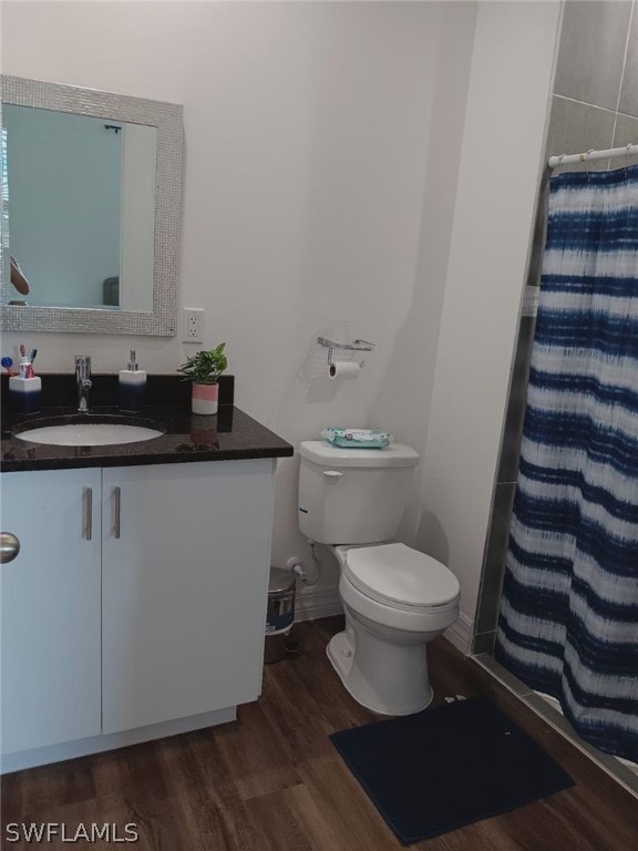 bathroom featuring wood-type flooring, toilet, and vanity