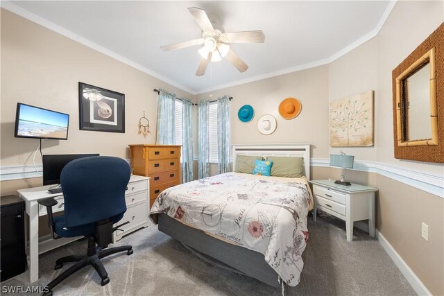 bedroom featuring carpet floors, ceiling fan, and ornamental molding