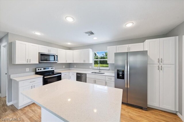 kitchen featuring sink, appliances with stainless steel finishes, white cabinetry, and light wood-type flooring