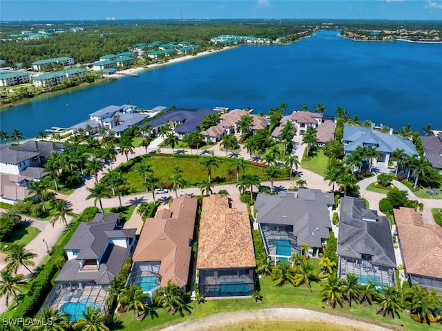 drone / aerial view with a water view