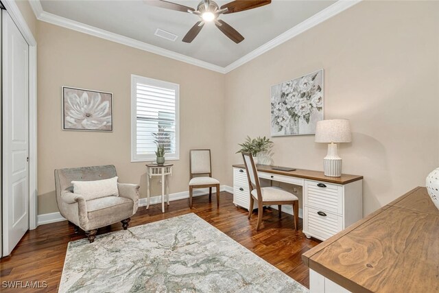 home office with crown molding, dark hardwood / wood-style floors, and ceiling fan