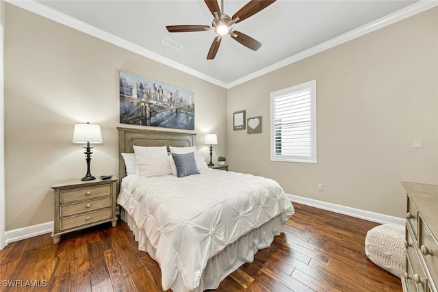 bedroom with ceiling fan, crown molding, and dark hardwood / wood-style flooring