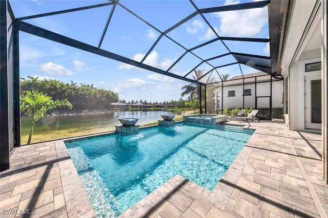 view of pool featuring an in ground hot tub, a lanai, a water view, and a patio area