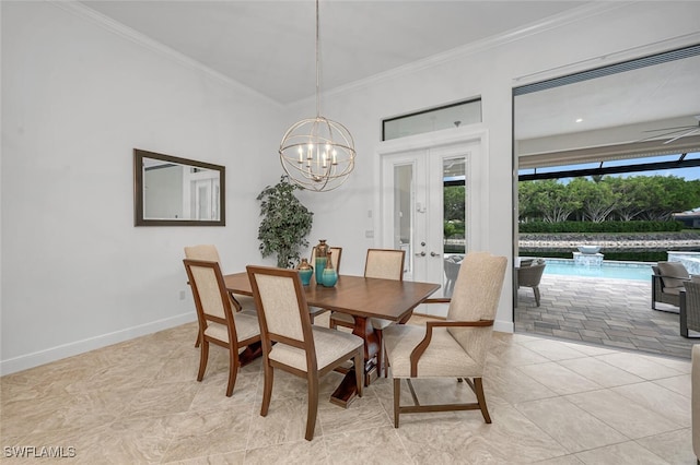 dining room featuring baseboards, ceiling fan, crown molding, french doors, and light tile patterned flooring