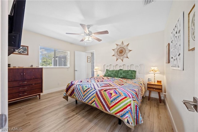 bedroom featuring ceiling fan and light hardwood / wood-style flooring