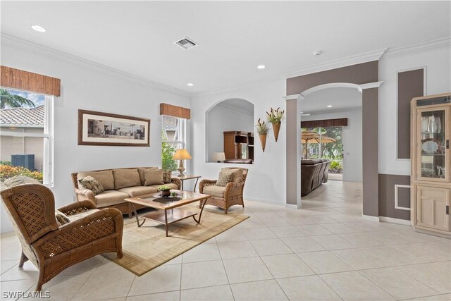 tiled living room with crown molding