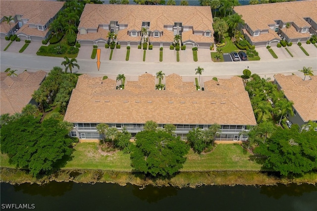 drone / aerial view featuring a water view