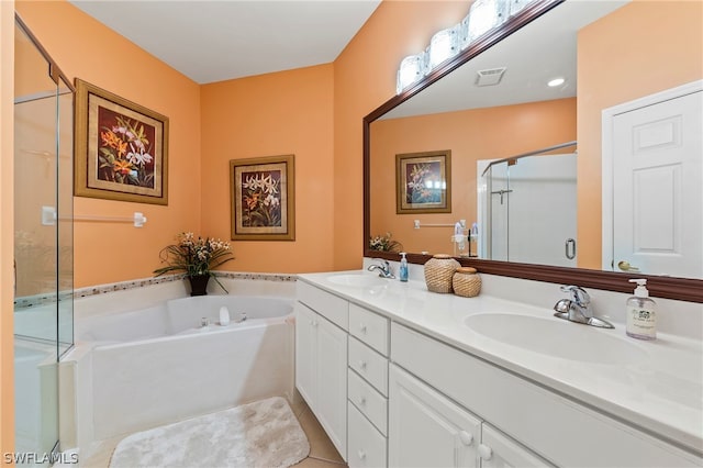 bathroom featuring separate shower and tub, tile patterned flooring, and double vanity