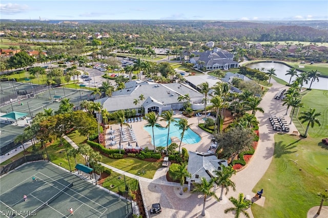 bird's eye view with a water view