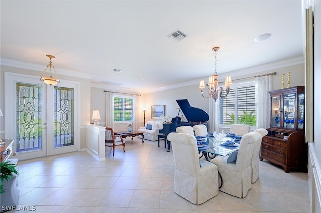 tiled dining room with french doors, crown molding, and a notable chandelier