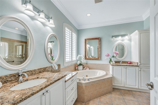 bathroom with tile patterned flooring, vanity, plus walk in shower, and crown molding