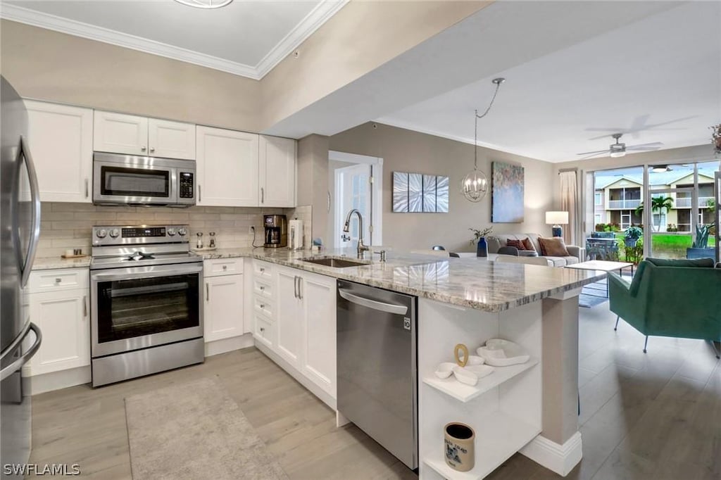 kitchen featuring white cabinets, appliances with stainless steel finishes, tasteful backsplash, sink, and kitchen peninsula