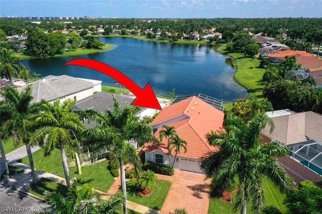 aerial view featuring a water view