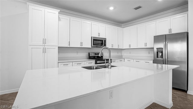 kitchen featuring appliances with stainless steel finishes, sink, a kitchen island with sink, and white cabinets