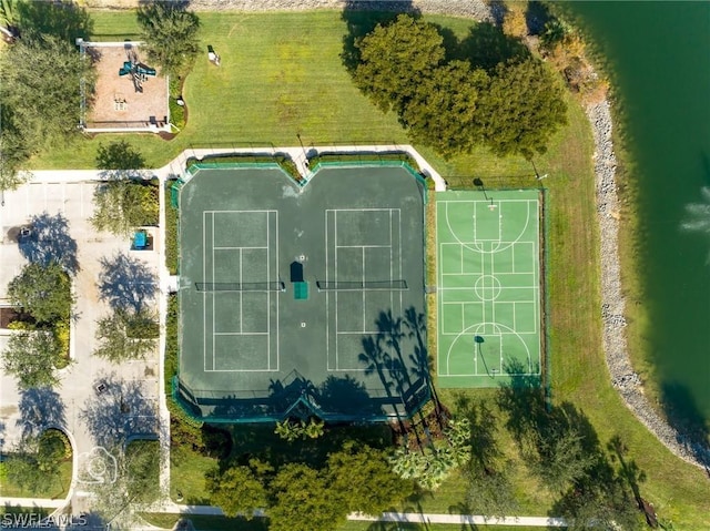 aerial view featuring a water view