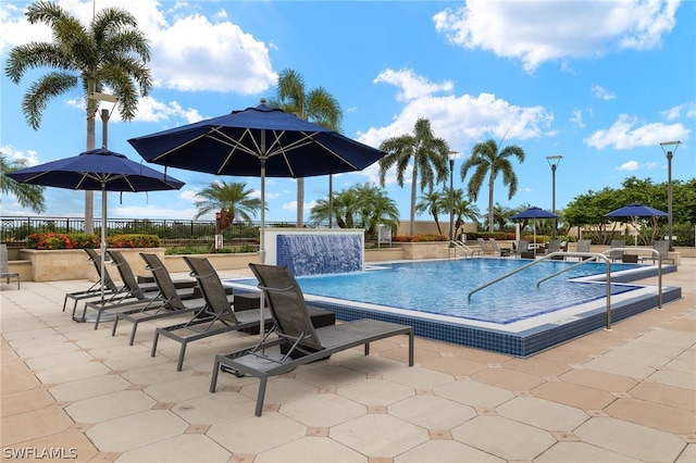 view of pool featuring pool water feature and a patio area