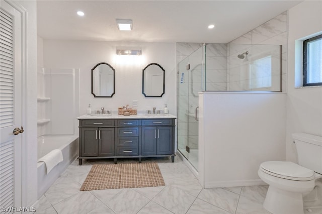 full bathroom featuring toilet, tile patterned floors, shower with separate bathtub, and double vanity