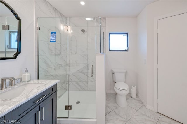 bathroom with tile patterned flooring, a shower with door, toilet, and vanity