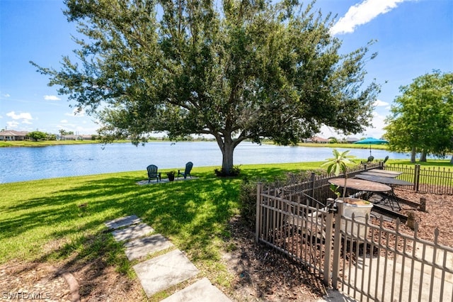 view of property's community with a water view and a lawn