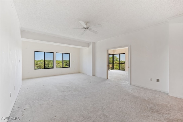 carpeted empty room featuring a wealth of natural light, ceiling fan, and a textured ceiling