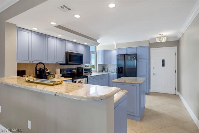 kitchen with light stone countertops, appliances with stainless steel finishes, ornamental molding, and kitchen peninsula