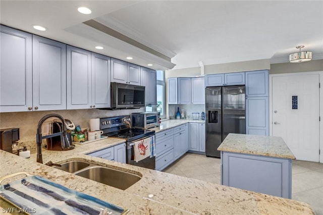 kitchen featuring sink, light stone counters, light tile patterned floors, ornamental molding, and stainless steel appliances