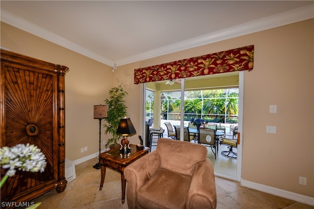 living area with light tile patterned floors and ornamental molding