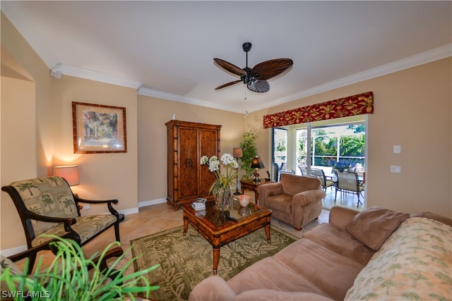 living room featuring light tile patterned flooring, ornamental molding, and ceiling fan