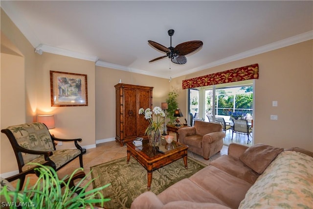 living room featuring ornamental molding, light tile patterned floors, and ceiling fan